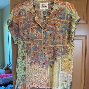 Johnny Was Embroidered Silk Floral Patchwork Blouse